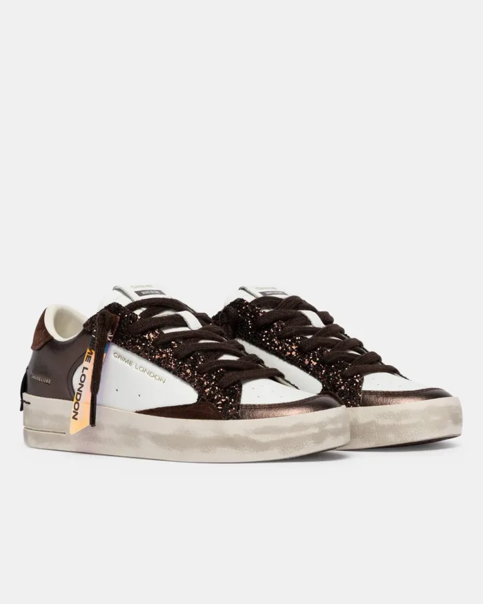 Sneaker Donna Crime London SK8 Deluxe in Pelle Bianca, Bronzo e Glitter Moroart. 23103AA9.60, foto 2 di 4