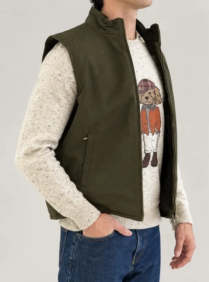 Gilet Double Face Uomo Mc2 Saint Barth In Cotone Cerato Verde e Pellicciotto Marrone art. Edgar Vest Wax 52L Kombu Green, foto 2 di 3