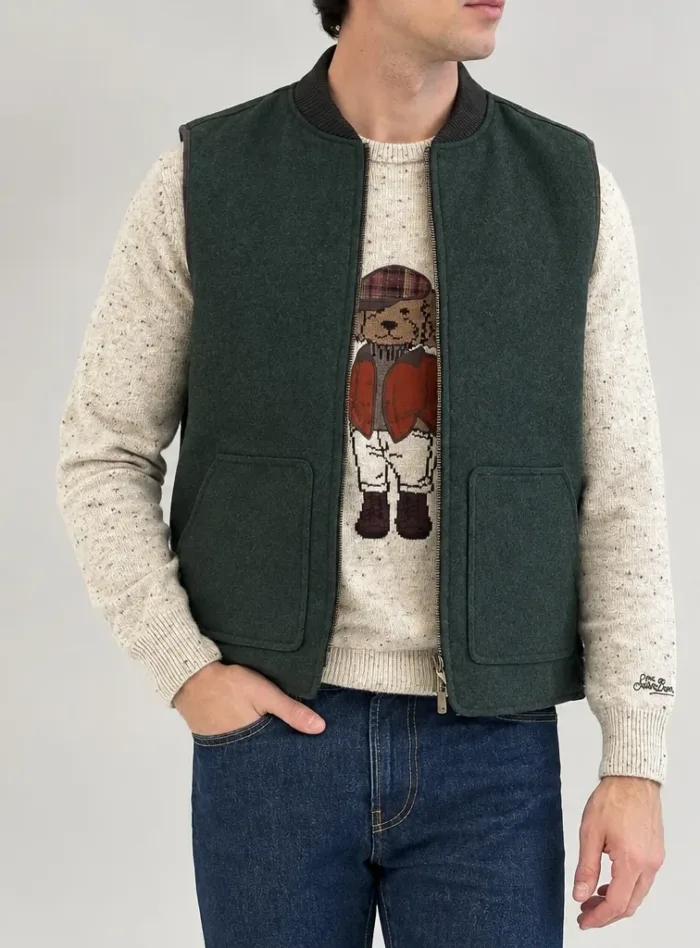 Gilet Double Face Uomo Mc2 Saint Barth In Cotone Cerato Marrone e Lana Verde art. Spencer Pocket Wool 52 Military, foto 2 di 3