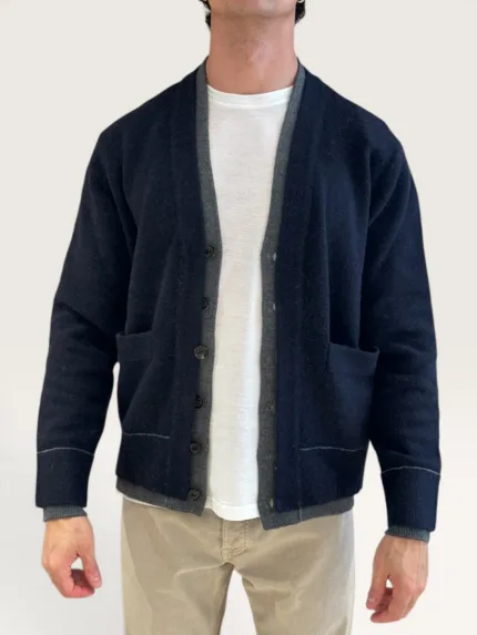 Maglia Cardigan Paolo Pecora Loose Fit Bicolore in Misto Lana e Alpaca Blu e Grigio cod. 26I C1M0 A058 F007 U681