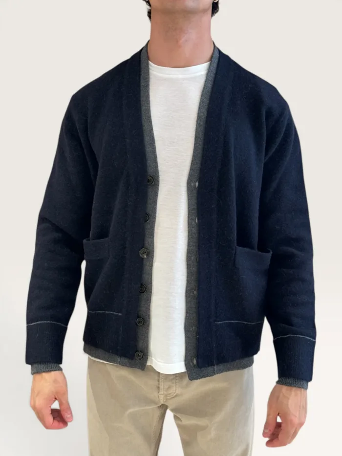 Maglia Cardigan Paolo Pecora Loose Fit Bicolore in Misto Lana e Alpaca Blu e Grigio cod. 26I C1M0 A058 F007 U681, foto 1 di 3