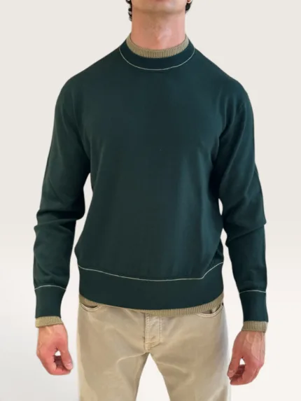 Maglia Paolo Pecora Girocollo Loose Fit in Lana Merino Extrafine Verde e Beige cod. 26I C1M0 A007 F009 U511