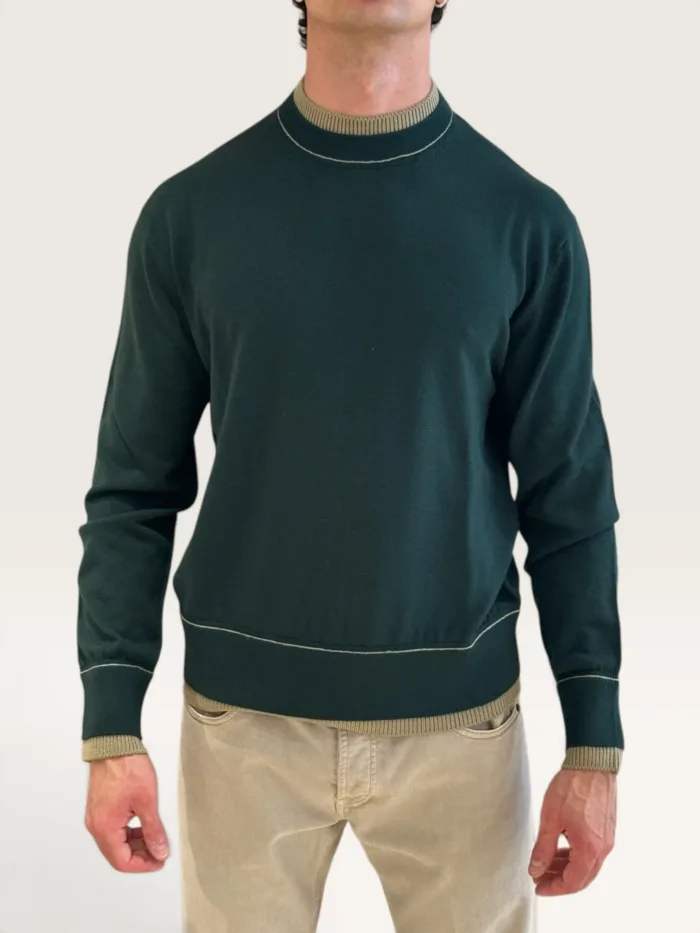 Maglia Paolo Pecora Girocollo Loose Fit in Lana Merino Extrafine Verde e Beige cod. 26I C1M0 A007 F009 U511, foto 1 di 3