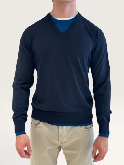 Maglia Paolo Pecora Girocollo Loose Fit in Lana Merino Extrafine Blu e Bianco cod. 26I C1M0 A019 F001 U661