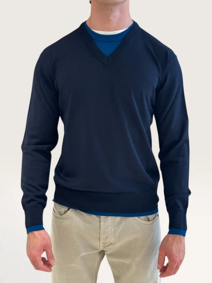 Maglia Paolo Pecora Girocollo Loose Fit in Lana Merino Extrafine Blu e Bianco cod. 26I C1M0 A019 F001 U661, foto 1 di 3