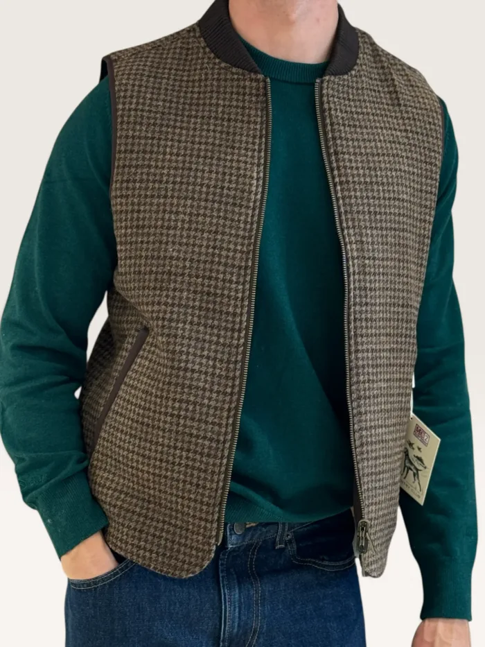 Gilet Double Face Uomo Mc2 Saint Barth In Cotone Cerato Marrone e Lana Pied de Poule Verde art. Spencer Wool Pied de Poule 5218, foto 3 di 3