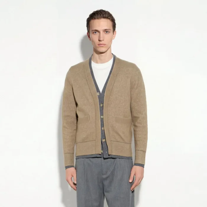 Maglia Cardigan Paolo Pecora Loose Fit Bicolore in Misto Lana e Alpaca Greige e Grigio Melange cod. 26I C1M0 A058 F007 U181, foto 3 di 5